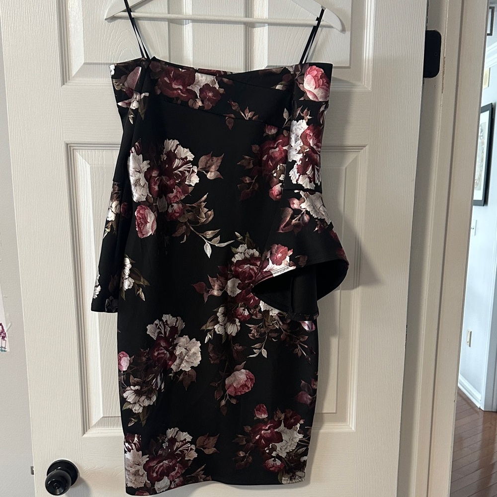 bebe One Shoulder Floral Dress - Black and Burgundy
